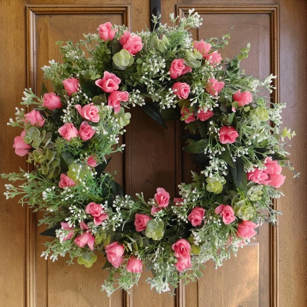 Dusty Miller Rosebud Spring Summer‎ Wreath for Front Door Eucalyptus Pink Roses